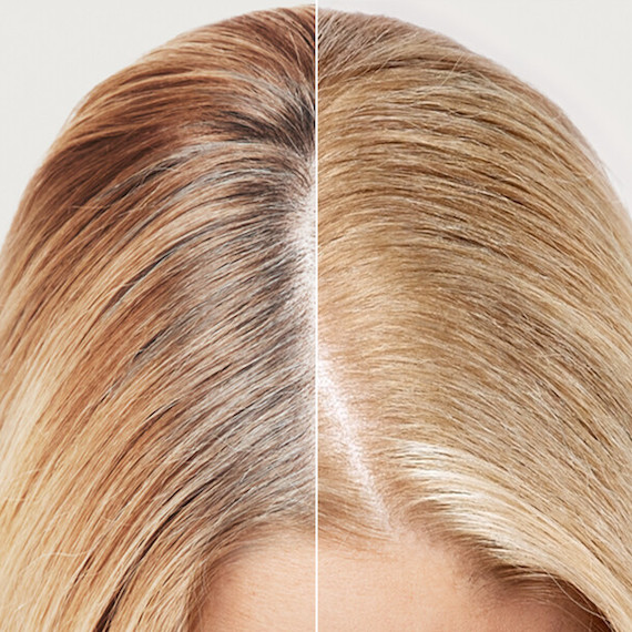 Before and after showing how Koleston Xpress covers grey roots on blonde highlighted hair.