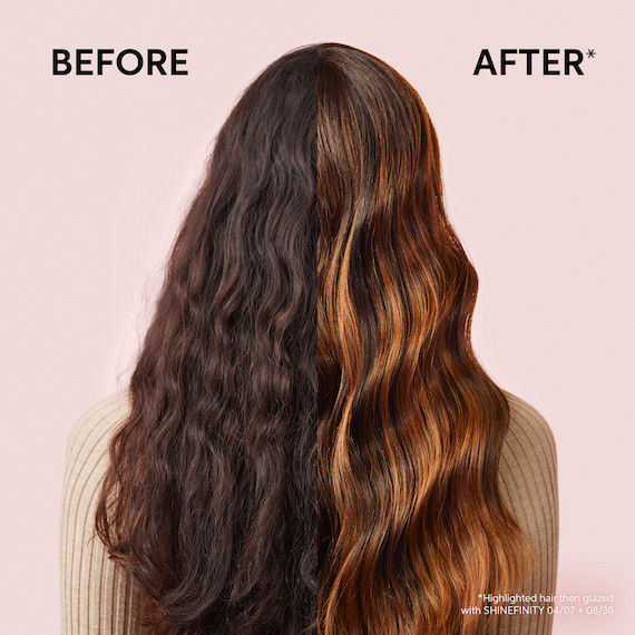 Before and after of long brown hair that's been treated with a Wella Professionals Shinefinity Color Glaze 