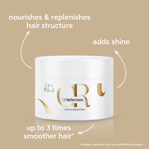 Oil Reflections Luminous Reboost Mask on a neutral background. It adds shine, nourishes hair structure and gives you up to 3 times smoother hair.