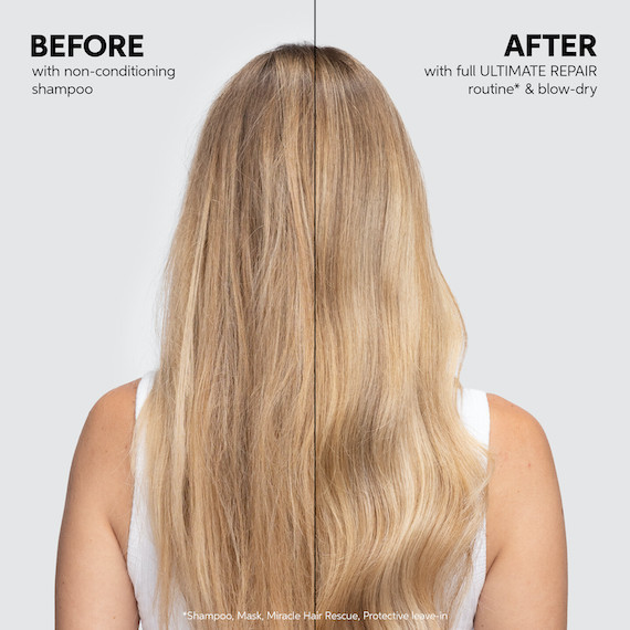 Back of model’s head showing long, straight before and after using the ULTIMATE REPAIR regimen. Hair appears smoother and less frizzy in the after shot.