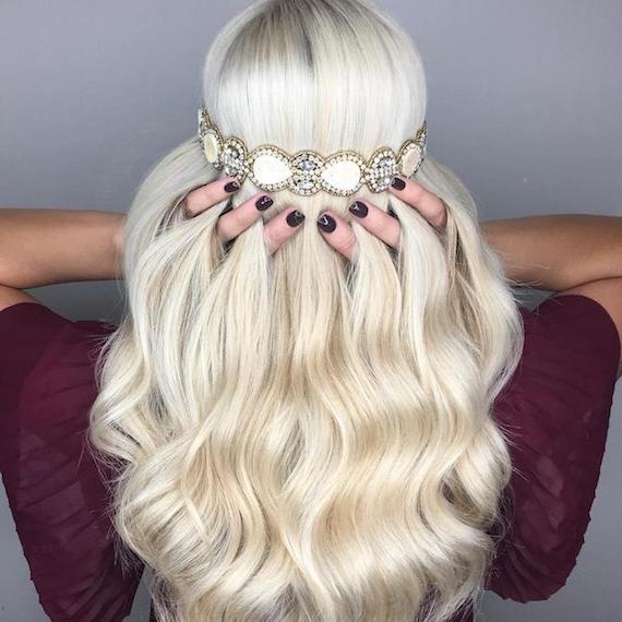 Back of a woman’s head with long, wavy, blonde hair and Grecian headband, created using Wella Professionals.