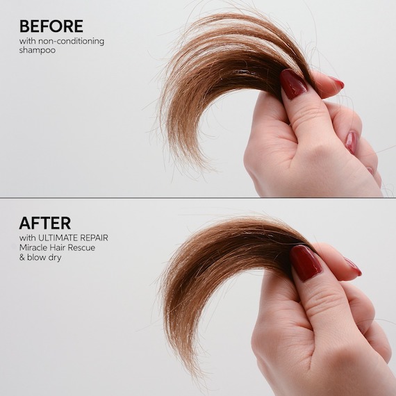A collage shows hair before and after using Miracle Hair Rescue. In the after image, hair looks smoother and healthier.