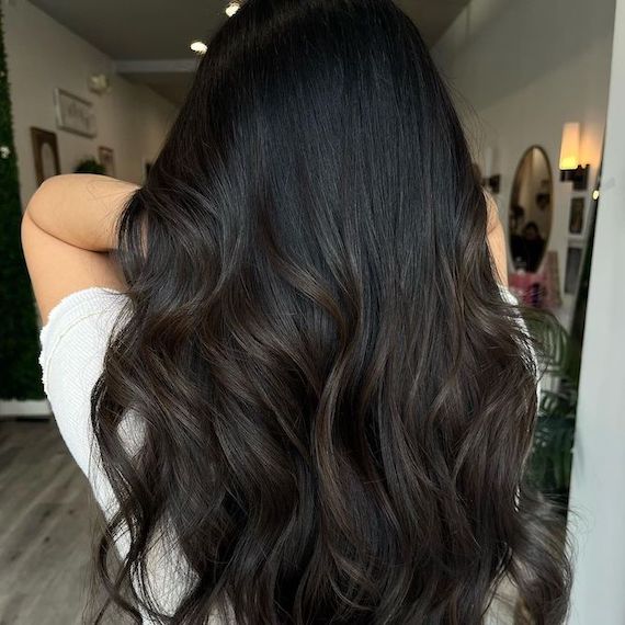 Back of model’s head with long, loosely curled, black hair and espresso brown balayage highlights.