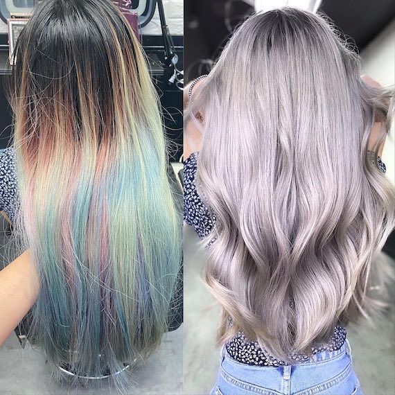 Before and after image of colored highlights transformed into an icy all-over blonde look.