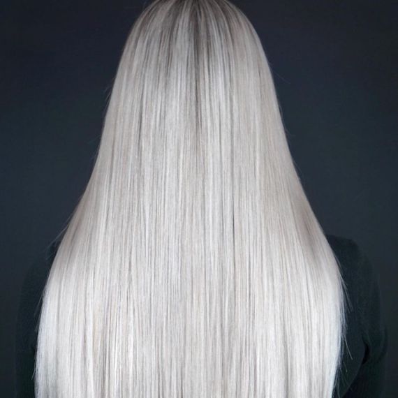 After image reveals the finished all over ice blonde look