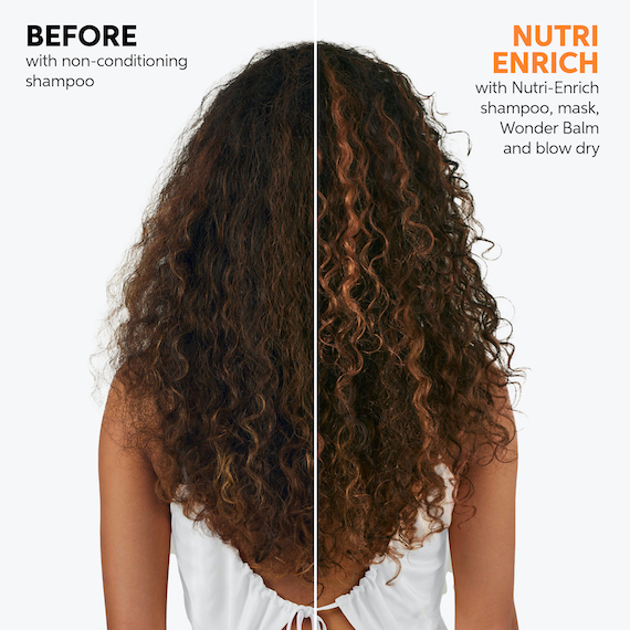 Before and after showing model’s long, dark brown, curly appearing healthier and shinier after using INVIGO Nutri-Enrich.