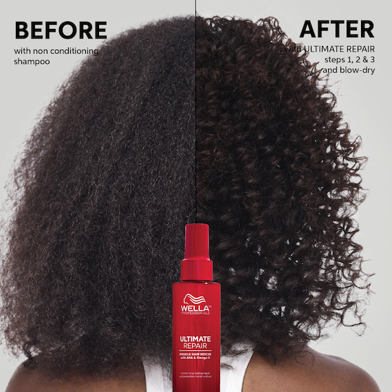 Before and after showing model’s dark, curly hair appearing bouncier and more defined after using ULTIMATE REPAIR.