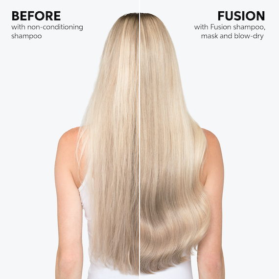 Before and after showing model’s long, blonde hair appearing healthier after using Fusion.