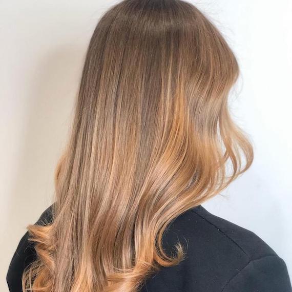 Back of woman’s head with honey blonde sombre, created using Wella Professionals.