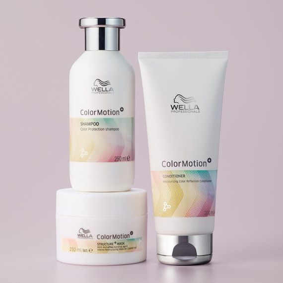 ColorMotion+ Color Protection Shampoo, Moisturising Color Reflection Conditioner and Structure+ Mask appear in front of a mauve background. 