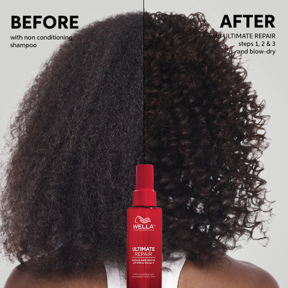 Back of model’s head showing the ‘before and after’ results of the Miracle Hair Rescue. Curls appear shinier and more defined in the ‘after’ image.