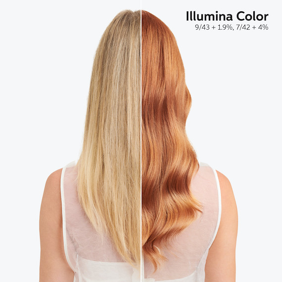 Before and after showing model’s blonde hair transformed into a strawberry blonde shade with Illumina Color.
