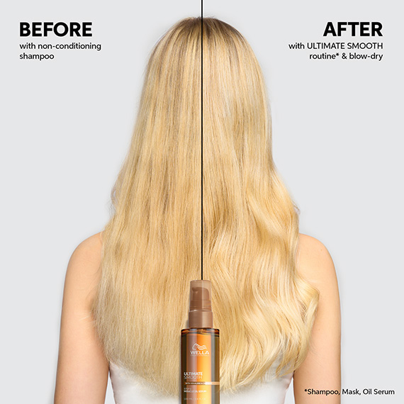 Before and after showing model’s long, blonde, straight hair looking smoother after using ULTIMATE SMOOTH.