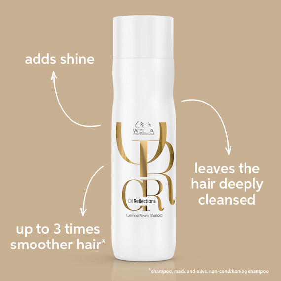 Wella Oil Reflections Luminous Reveal Shampoo with labels stating that it adds shine, makes hair up to 3 times smoother, and leaves hair deeply cleansed.