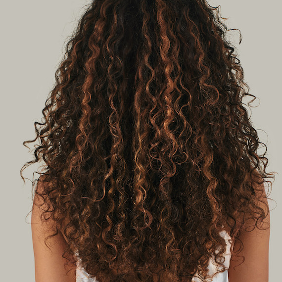 Back of model’s head with long, brown, curly hair.