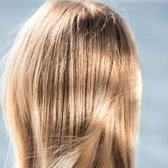 Back of model’s head with sandy blonde, wind-swept hair.