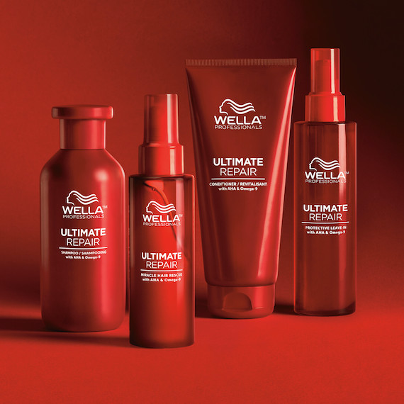 ULTIMATE REPAIR Shampoo, Conditioner, Miracle Hair Rescue and Protective Leave-In on a red background.