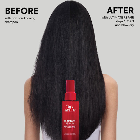 Before and after showing long, straight, black hair appearing smoother and shinier after using ULTIMATE REPAIR.