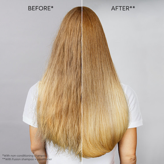 Before and after, showing the smoothing effects of Wella’s Fusion hair products.