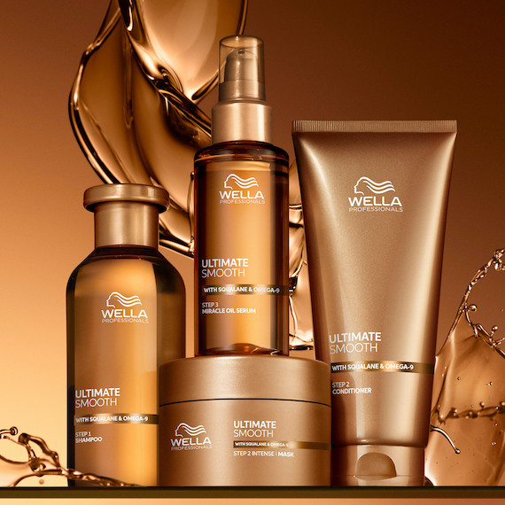 ULTIMATE SMOOTH Shampoo, Mask, Conditioner and Miracle Oil Serum on a golden bronze background.