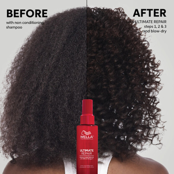 Before and after showing model’s dark brown, curly hair appearing glossier and more defined after using ULTIMATE REPAIR Miracle Hair Rescue. 