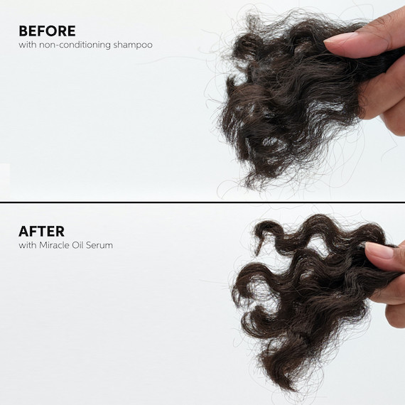 Before and after showing dark, curly hair appearing smoother and more defined after using ULTIMATE SMOOTH.