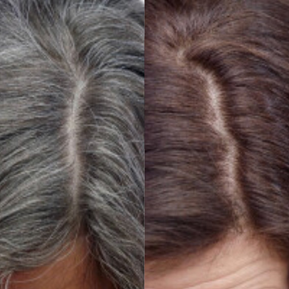 Before and after showing grey hair roots blended away with a brown shade of Color Touch.