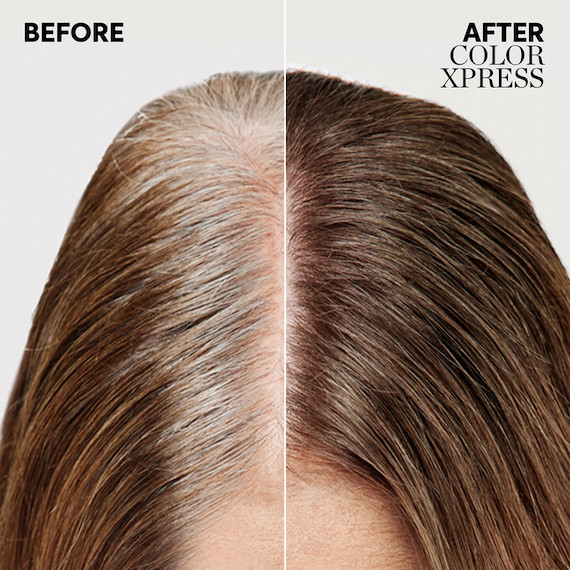 Before and after showing white roots of hair covered up with a dark blonde shade of Color Xpress