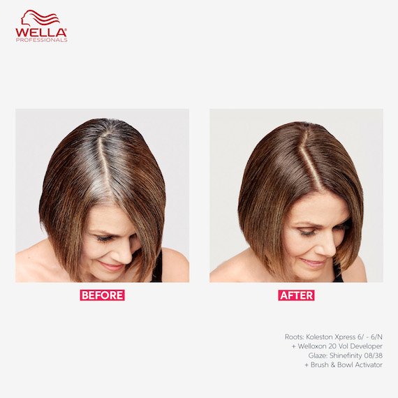 Model’s brown hair before and after using Koleston Xpress. In the after image, gray hairs have been covered. 