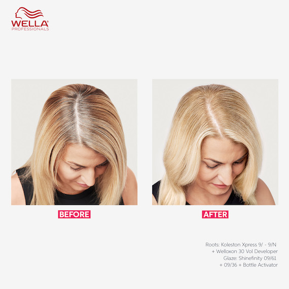 Model’s blonde hair before and after using Koleston Xpress. In the after image, gray hairs have been covered. 