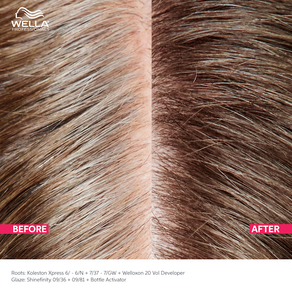 Close-up of roots before and after using Koleston Xpress. In the after image, gray hairs have been covered. 