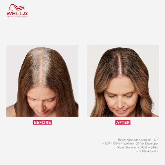 Model’s brown hair before and after using Koleston Xpress. In the after image, gray hairs have been covered. 