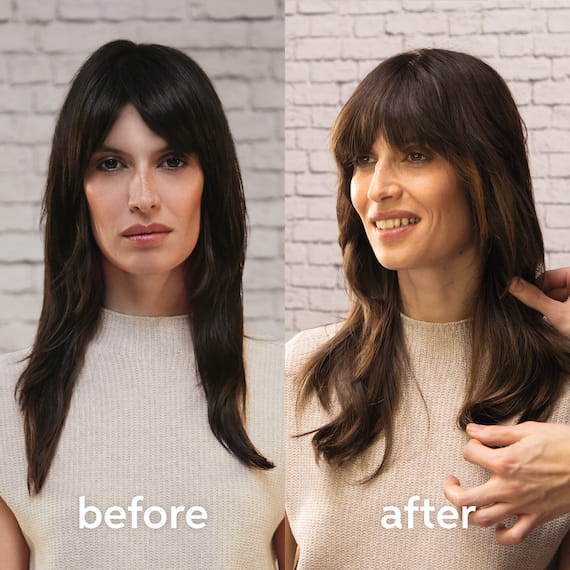 Before and after of the Wella Professionals Luxelights Cool Brunette look. 