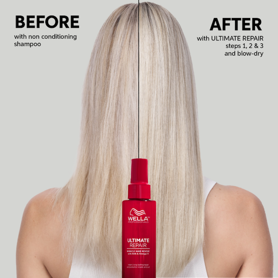 Before and after showing long, light blonde hair looking healthier and smoother after using ULTIMATE REPAIR Miracle Hair Rescue.