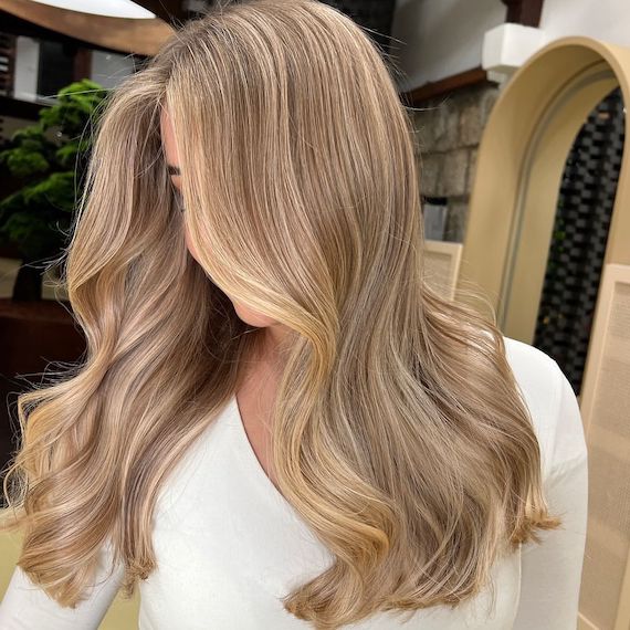 Model with dark blonde hair featuring lighter ash blonde highlights.