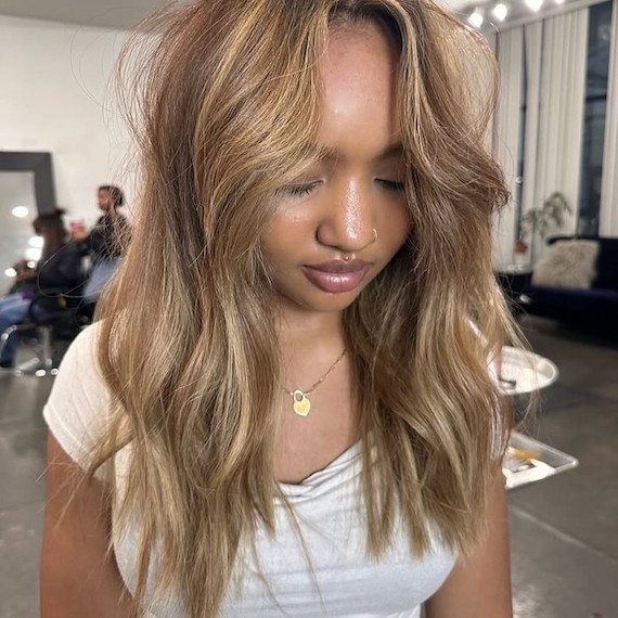 Model with chocolate brown hair colour featuring brown-blonde highlights.