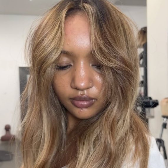 Model with chocolate brown hair colour featuring brown-blonde highlights.