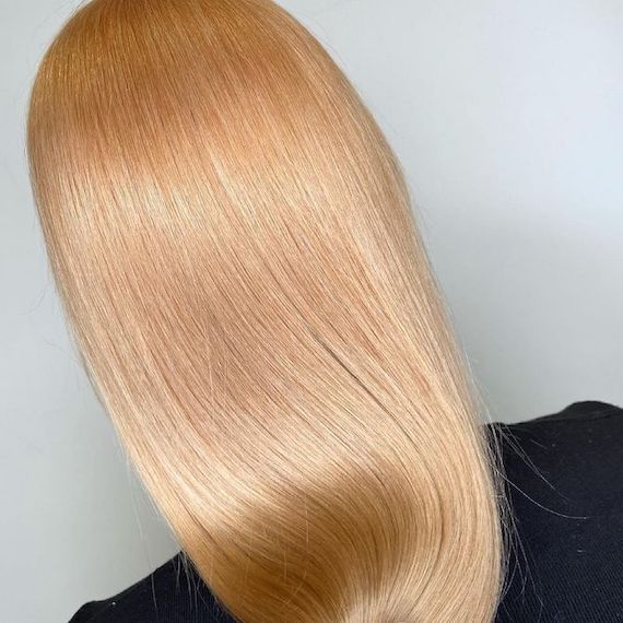 Back of model’s head with light peach platinum hair. 