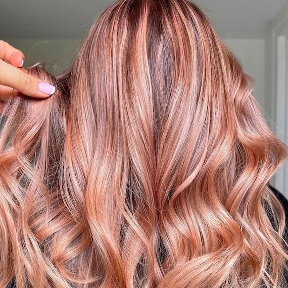 Back of model’s head with long wavy hair featuring peach blonde highlights.