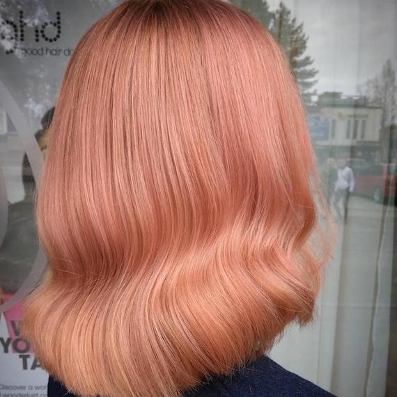 Back of model’s head with glossy, peachy rose blonde hair. 
