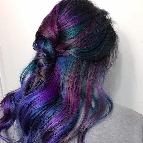 Peacock extensions greens, blues aquatic color hair | Hair color  underneath, Hidden hair color, Under hair color