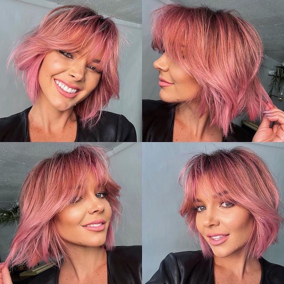 Collage of 4 photos showing model with a bright pink bob haircut.