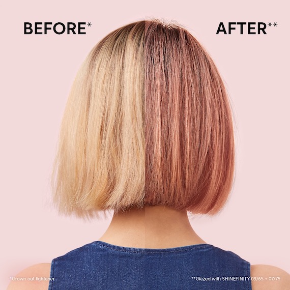 Before and after of short blonde hair that's been coloured with a Color Fresh Mask in Peach Blush