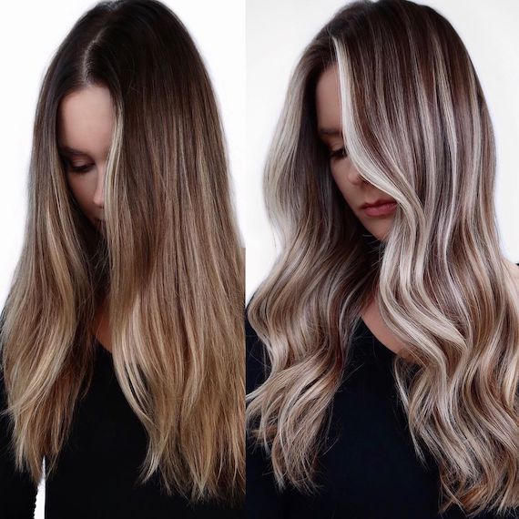 Collage showing brunette model before and after getting platinum blonde highlights.