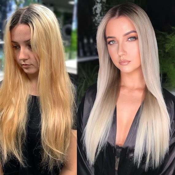 Before and after shot showing a model going from long, warm blonde hair to a platinum blonde ombre.