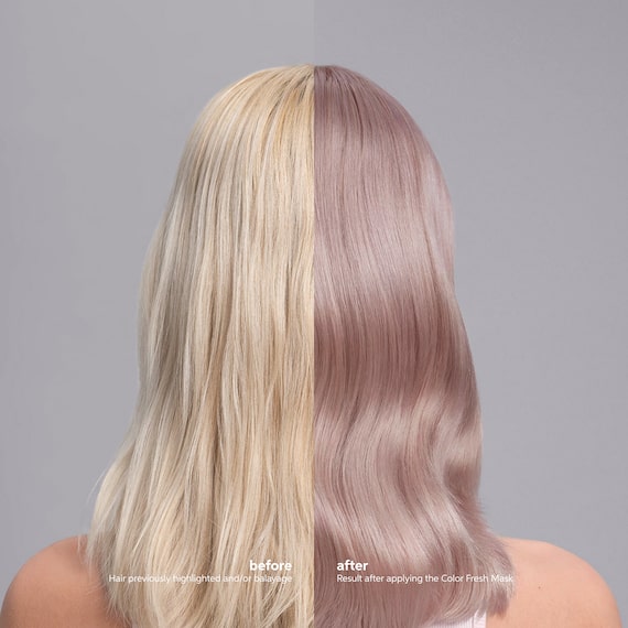 Back of model’s head showing before and after hair has been treated to the Color Fresh Mask in Lilac Frost. 