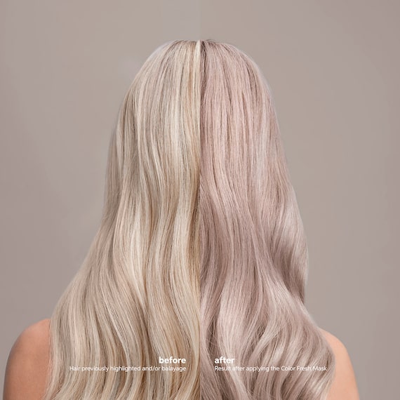 Back of model’s head showing before and after hair has been treated to the Color Fresh Mask in Pearl Blonde. 
