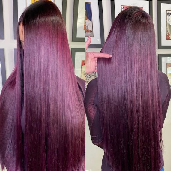 double image of very long, plum brown hair
