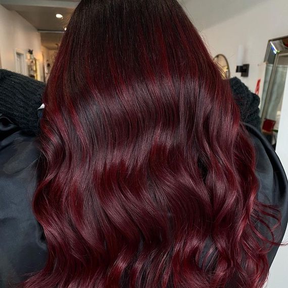 Back of person’s head faces the camera to reveal their black hair with burgundy highlights, styled using Wella Professionals colour products.