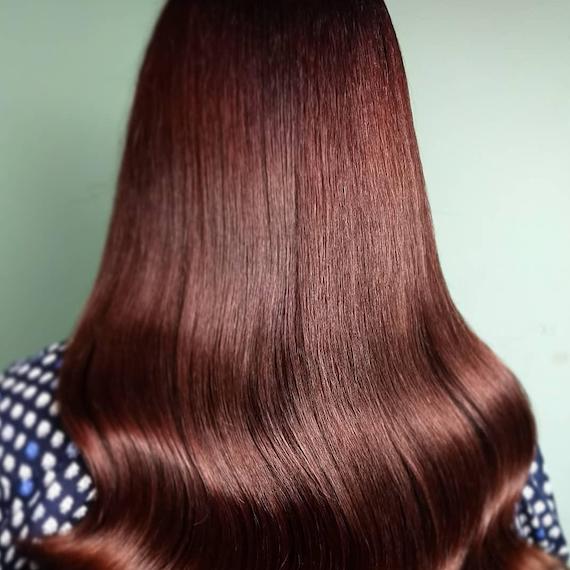 Photo of the back of a woman’s head with long, red brown hair color, created using Wella Professionals.